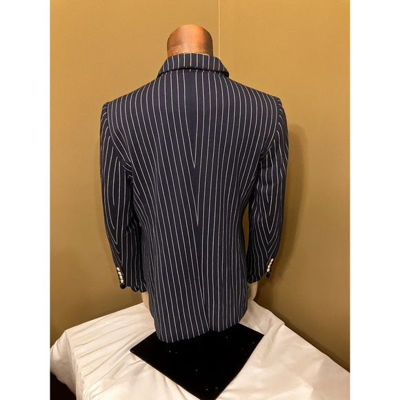Chico's Sz 2P Petite Striped Navy Blue Blazer Pearl Buttons Jacket Lined - Picture 4 of 12